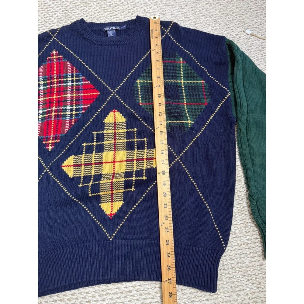 Vintage Nautica Mens Argyle Plaid Intarsia Cotton Knit Sweater grandpa golf LG